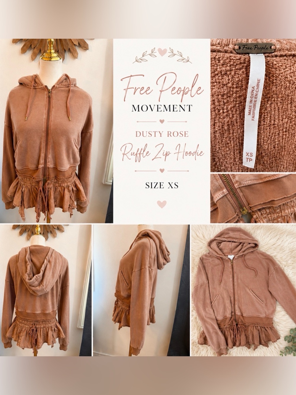 Free People Movement Dusty Rose Ruffle Zip Hoodie Boho XS